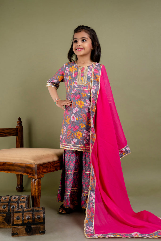 Girls Multi Colour Floral Sharara With Duppata