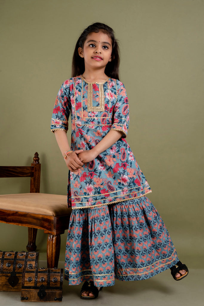 Blue Girls Floral Sharara