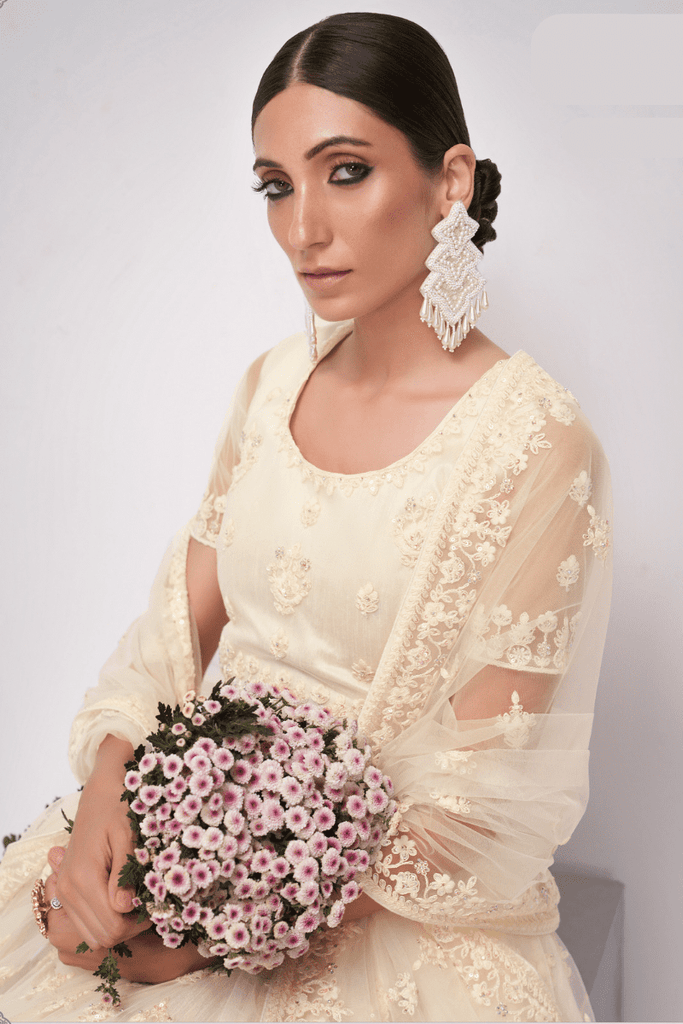 Off White Designer Net Bridal Lehenga Choli With Cording, Thread, Stone And Sequins Work