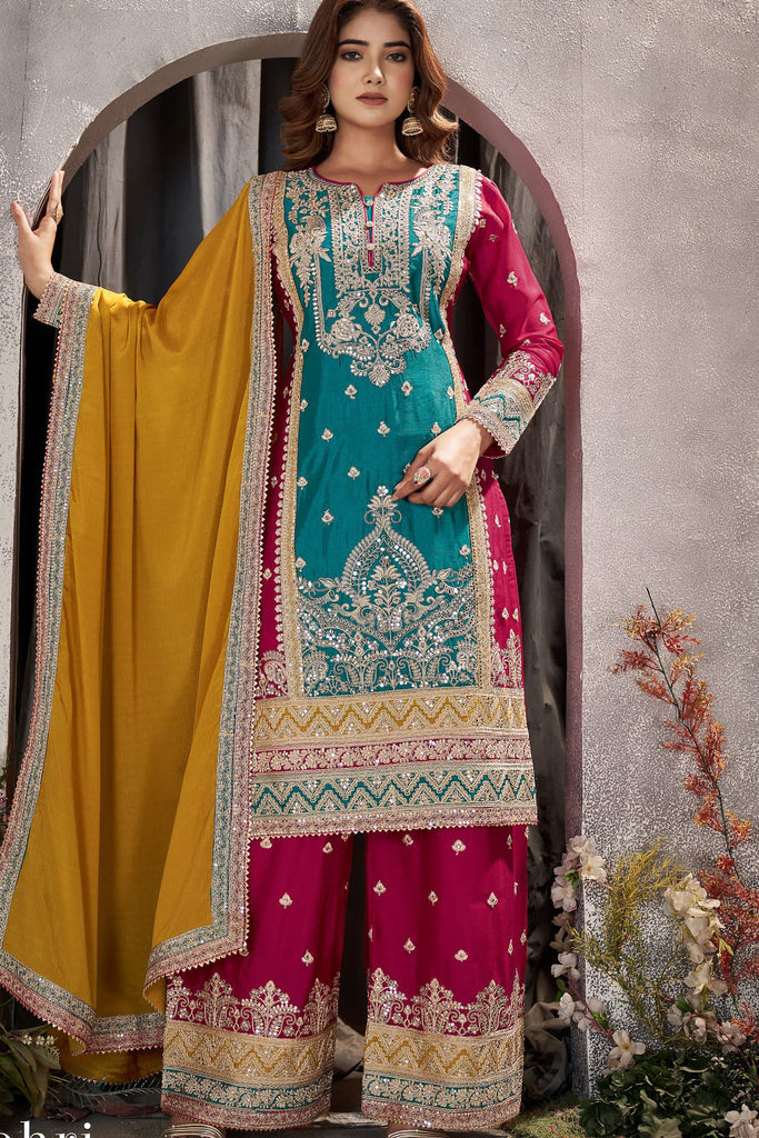 Teal Embroidered Art Silk Pakistani Suit