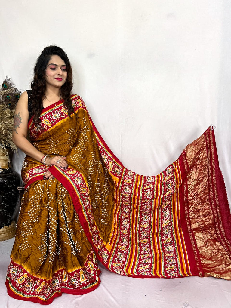 Brown Handwork Bandhej Saree With Lagda Patti Border