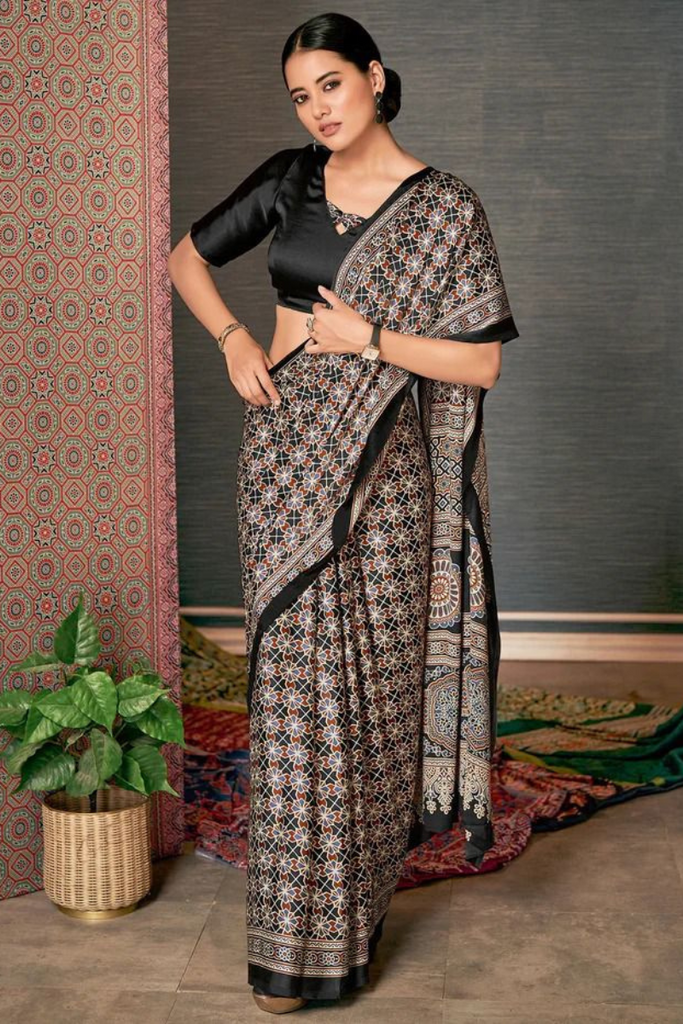 Black Multi Digital Printed Ajrakh Satin Crepe Saree