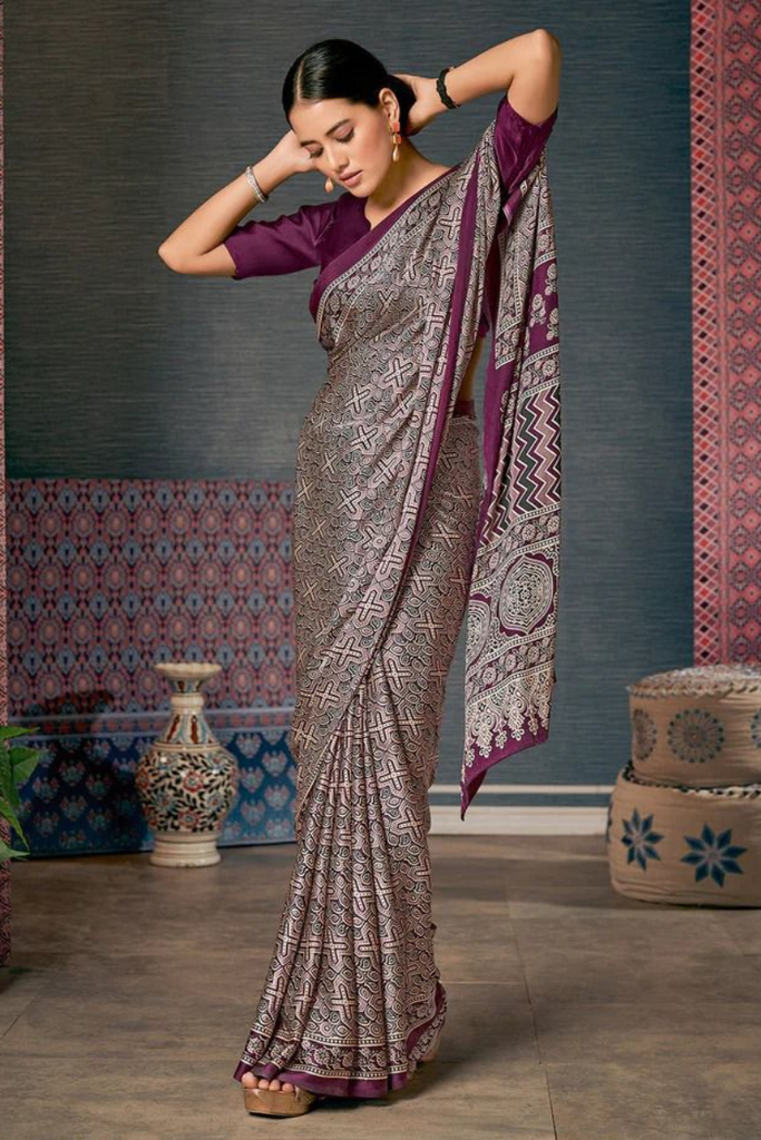 Purple Digital Printed Ajrakh Satin Crepe Saree