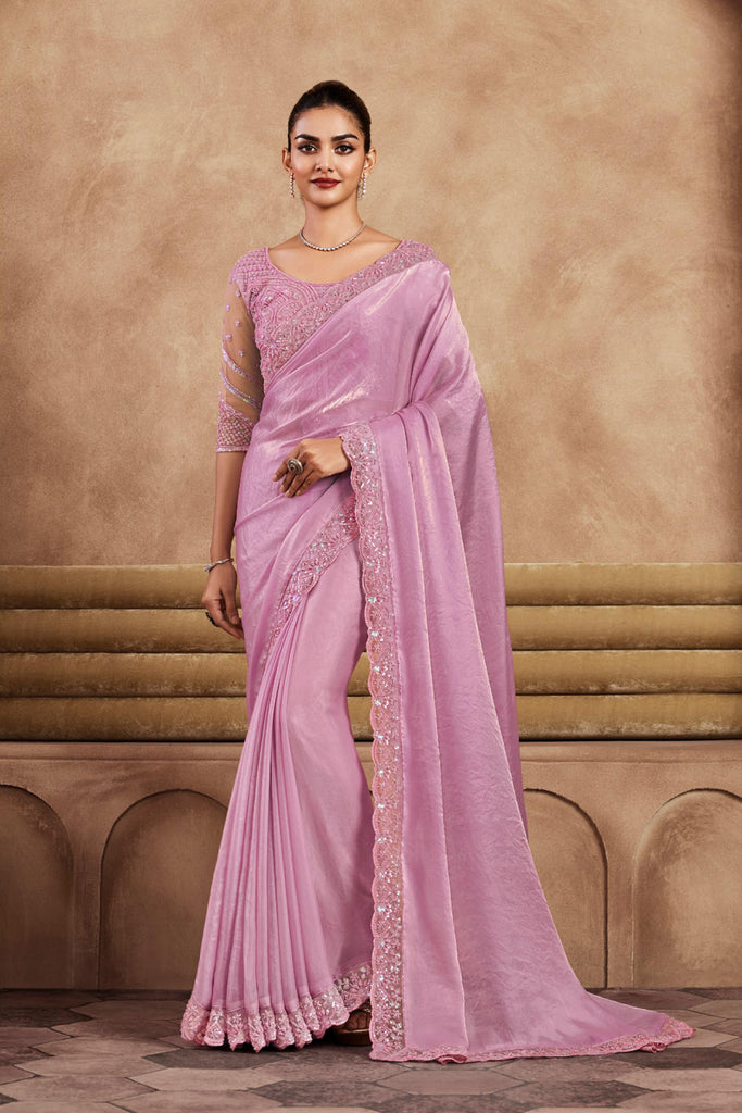 Lilac Designer Party Wear Satin Silk Saree With Sequence