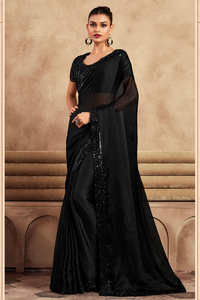 Black Designer Party Wear Satin Silk Saree With Sequence