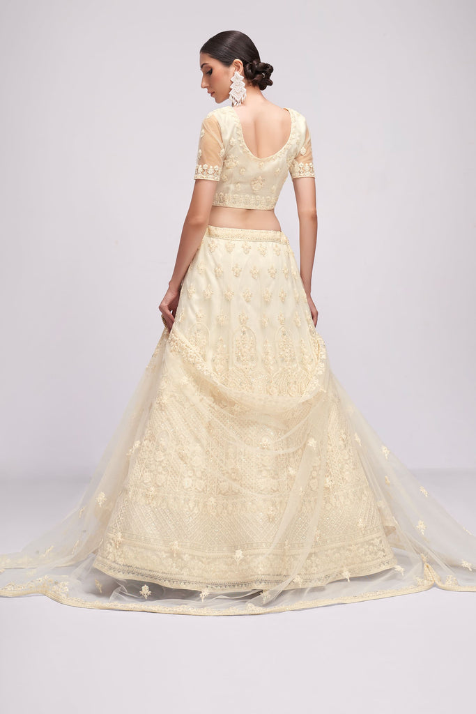 Off White Designer Net Bridal Lehenga Choli With Cording, Thread, Stone And Sequins Work