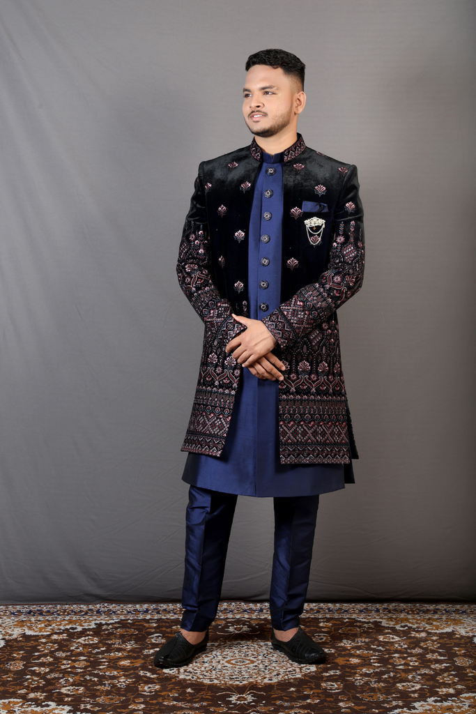 Blue Velvet Indo Western Suit With Resham Thread Embroidery