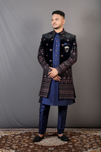 Load image into Gallery viewer, Blue Velvet Indo Western Suit With Resham Thread Embroidery