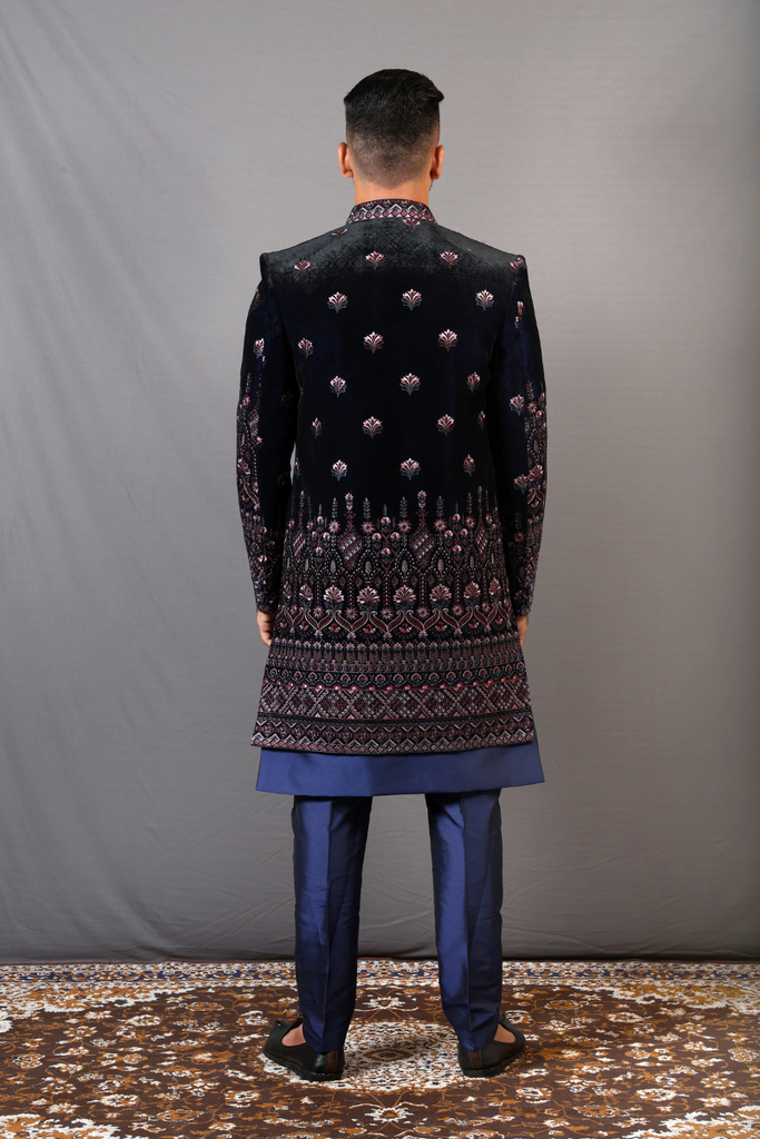 Blue Velvet Indo Western Suit With Resham Thread Embroidery