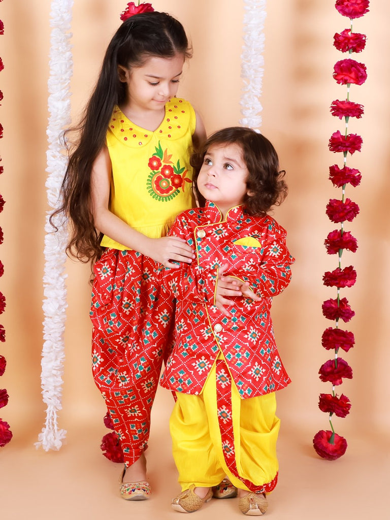 Boy’s Yellow Festive Pattola Print Sherwani With Dhoti