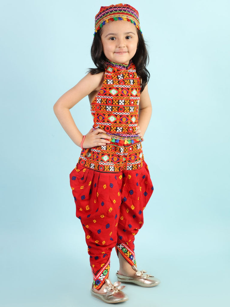 Girls Maroon Embroidered Navratri Dhoti Kurta Set With Cap