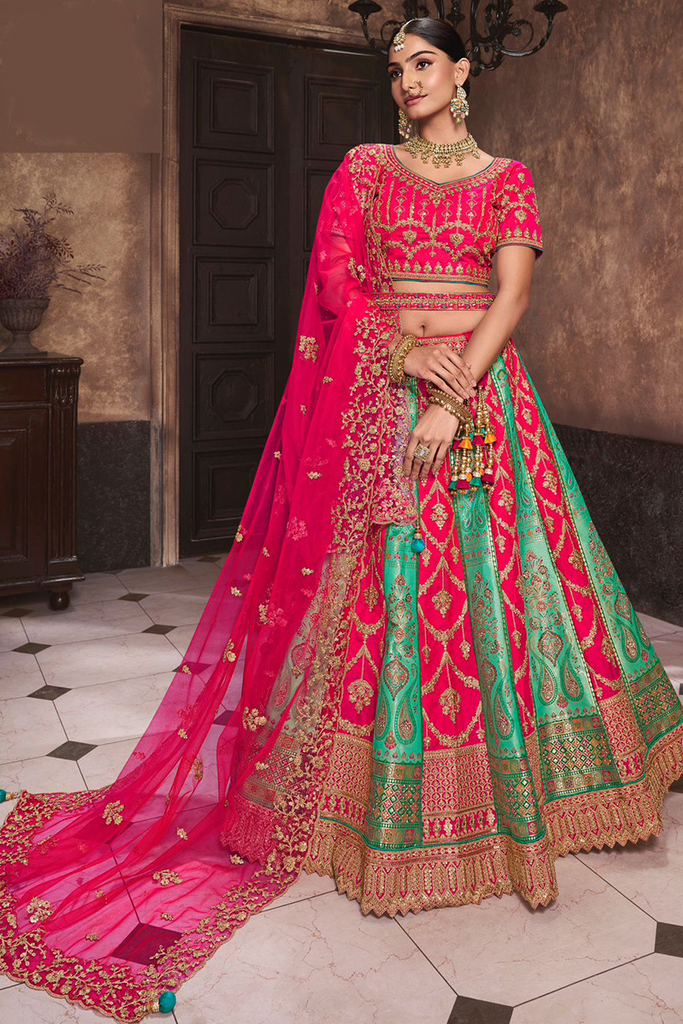Pink & Mint Banarasi Silk Bridal Lehenga Choli With Heavy Embroidery Work