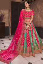Load image into Gallery viewer, Pink &amp; Mint Banarasi Silk Bridal Lehenga Choli With Heavy Embroidery Work