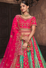 Load image into Gallery viewer, Pink &amp; Mint Banarasi Silk Bridal Lehenga Choli With Heavy Embroidery Work