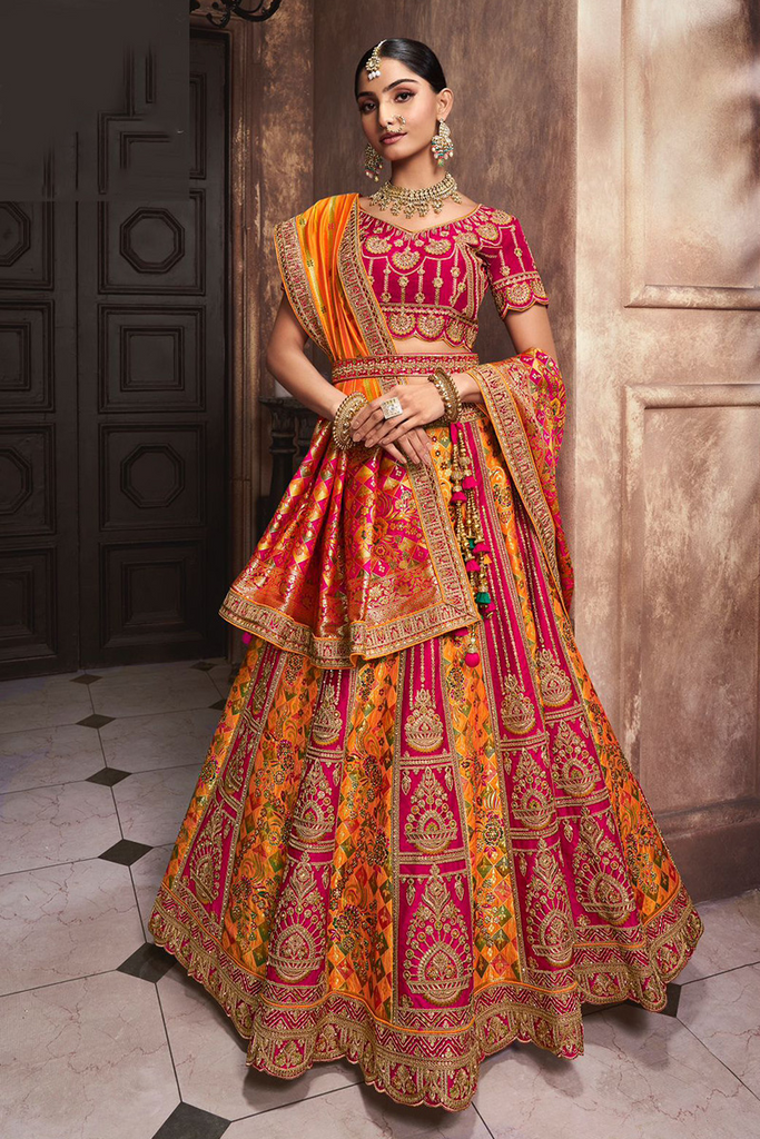 Orange & Dark Pink Bridal Lehenga With Embroidery And Zarkan Cutwork