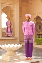 Load image into Gallery viewer, Pink And Purple Couple Matching Grey Wedding Silk Anarkali and Sherwani Set With Beads And Sequins Work