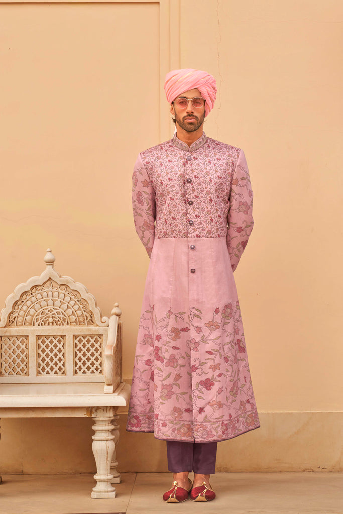 Blush Pink Couple Matching Grey Wedding Silk Lehenga and Sherwani Set With Beads And Sequins Work