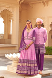 Pink And Purple Couple Matching Grey Wedding Silk Anarkali and Sherwani Set With Beads And Sequins Work