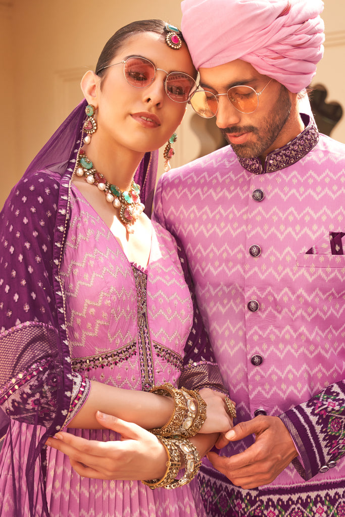 Pink And Purple Couple Matching Grey Wedding Silk Anarkali and Sherwani Set With Beads And Sequins Work