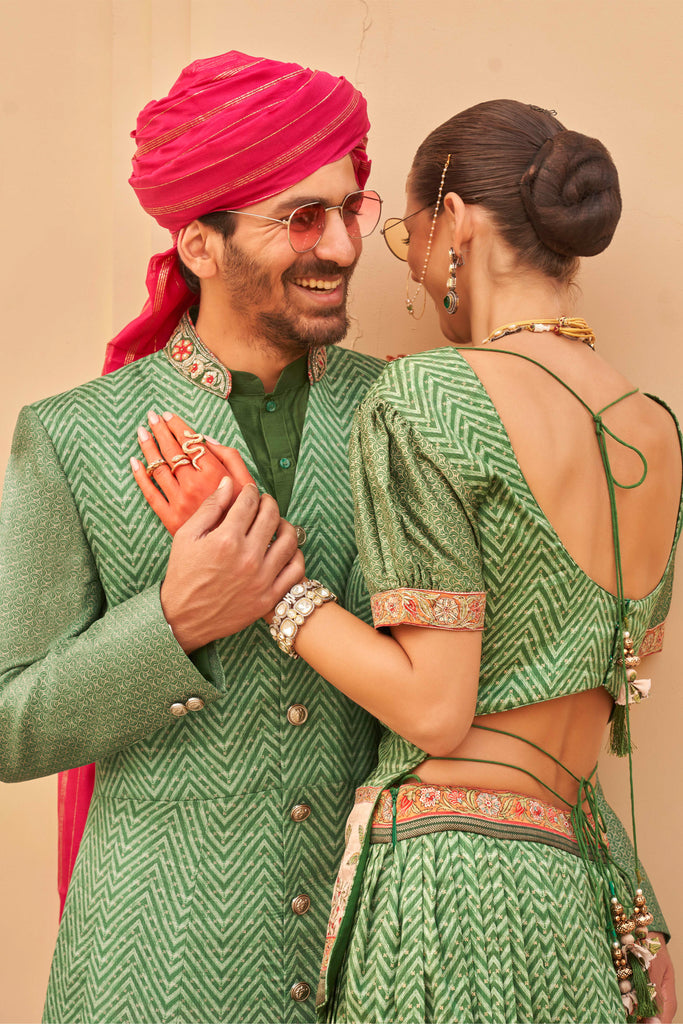 Green Couple Matching Wedding Silk Lehenga and Sherwani Set With Beads And Sequins Work