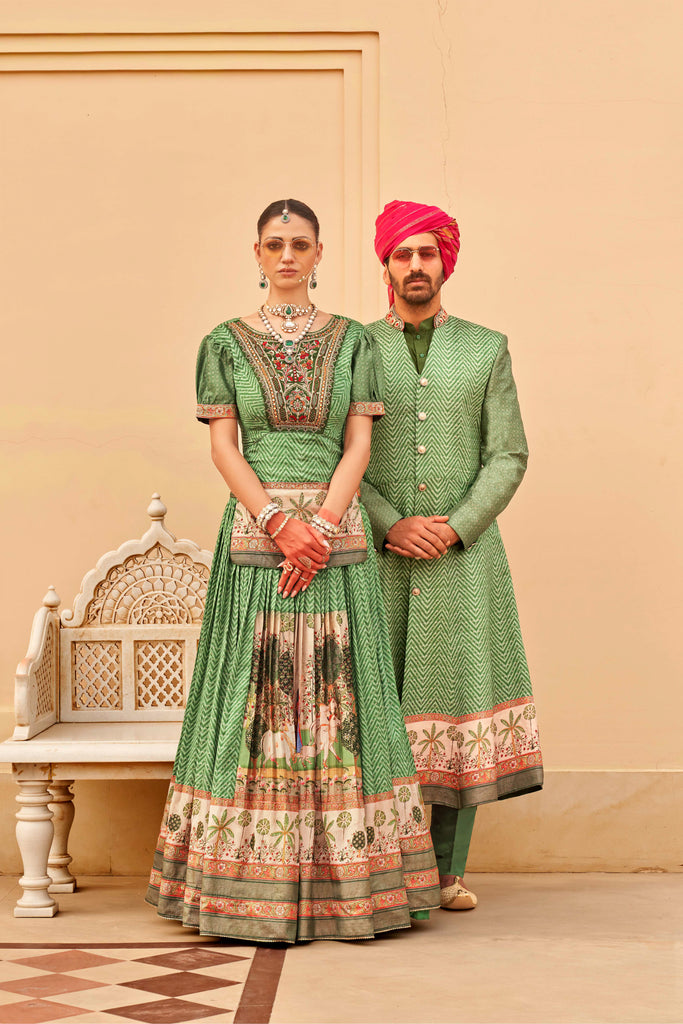 Green Couple Matching Wedding Silk Lehenga and Sherwani Set With Beads And Sequins Work