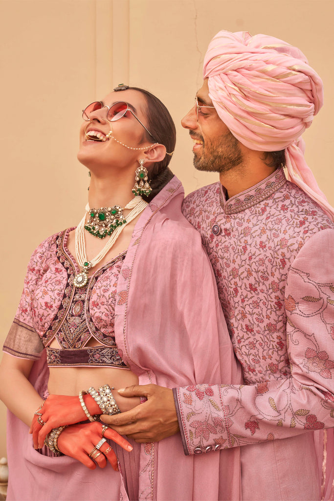 Blush Pink Couple Matching Grey Wedding Silk Lehenga and Sherwani Set With Beads And Sequins Work