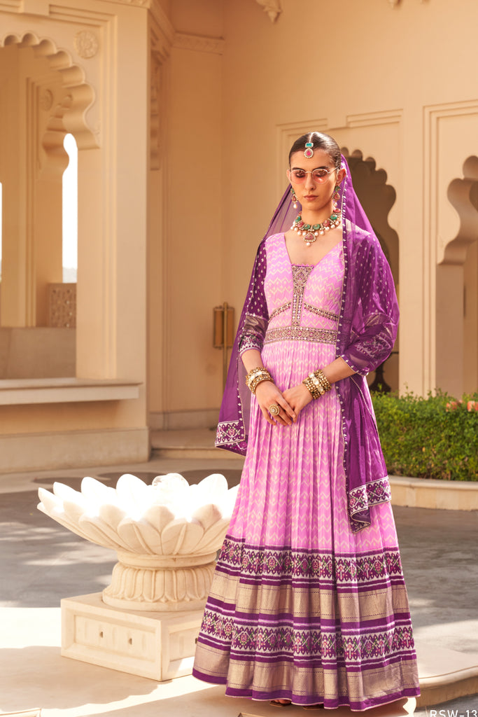 Pink And Purple Couple Matching Grey Wedding Silk Anarkali and Sherwani Set With Beads And Sequins Work