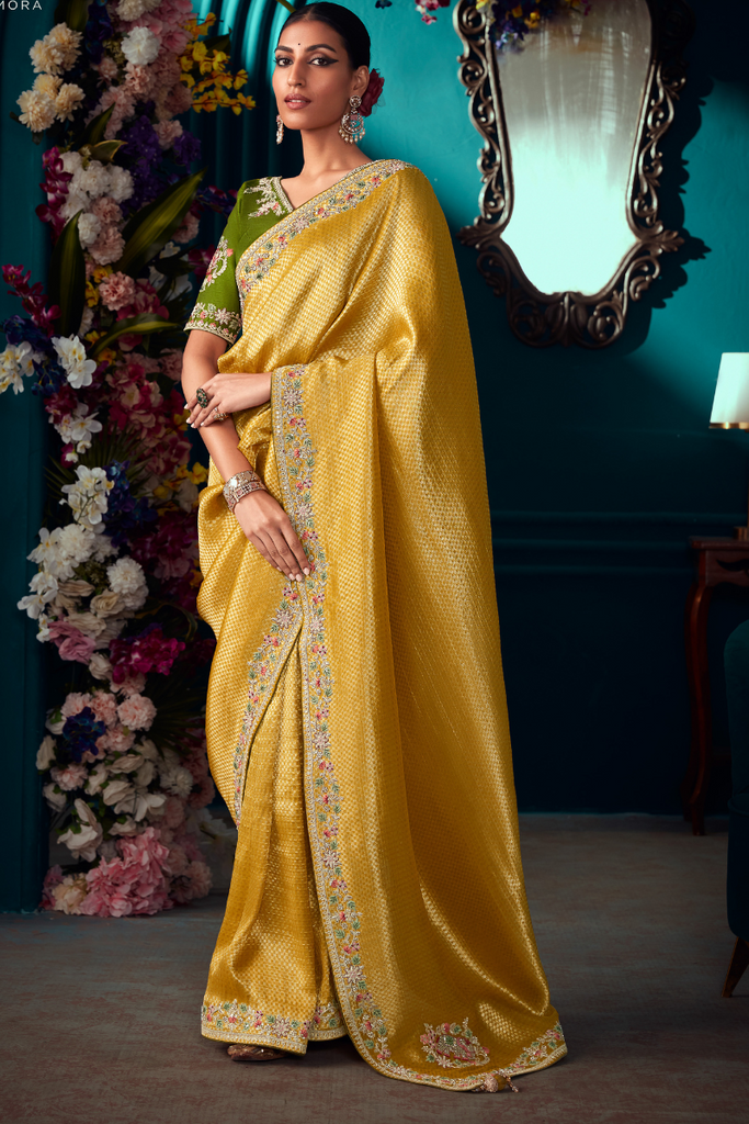 Yellow Pure Banarasi Silk Wedding Saree