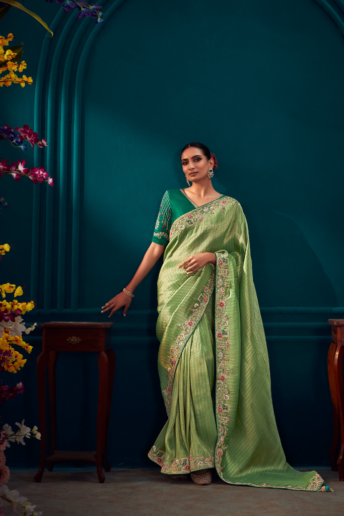 Light Green Pure Silk Saree With Embroidered Border & Contrast Blouse