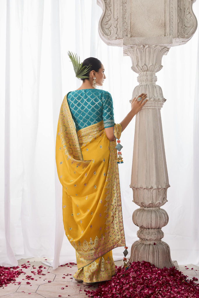 Yellow Weaving Silk Embroidery Saree