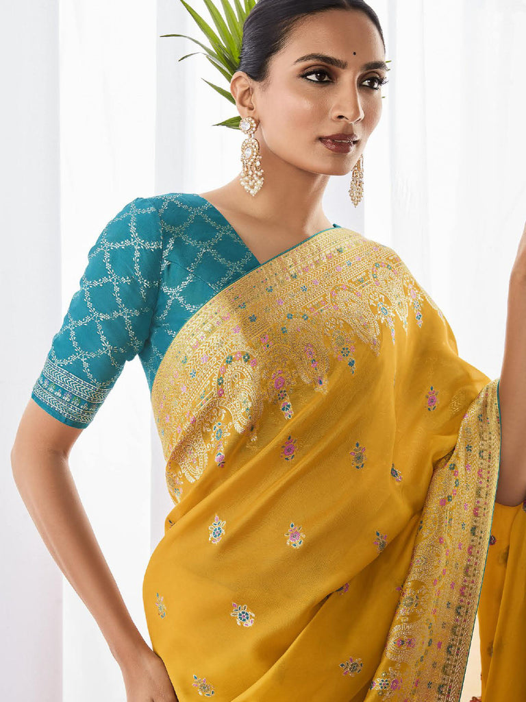 Yellow Weaving Silk Embroidery Saree