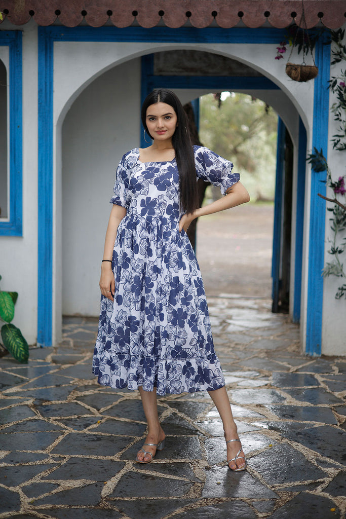 Blue Abstract Animal Print Flutter Sleeve Midi Dress