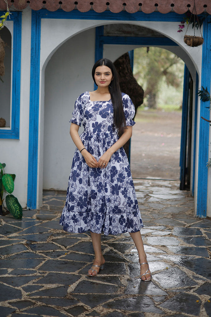 Blue Abstract Animal Print Flutter Sleeve Midi Dress