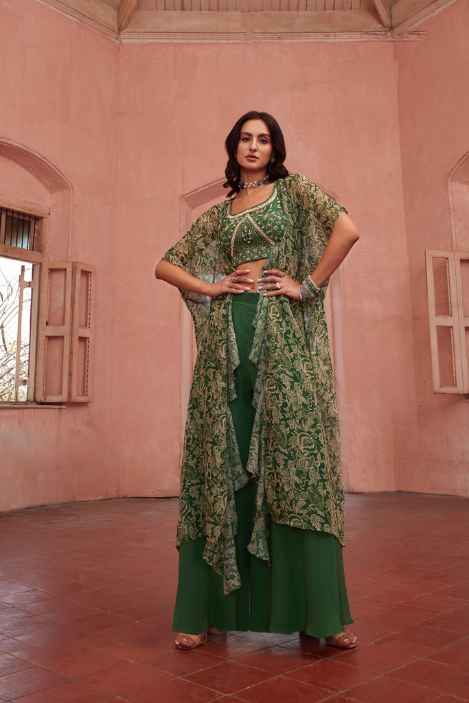 Green Sharara With Hand Embroidery Blouse & Cape