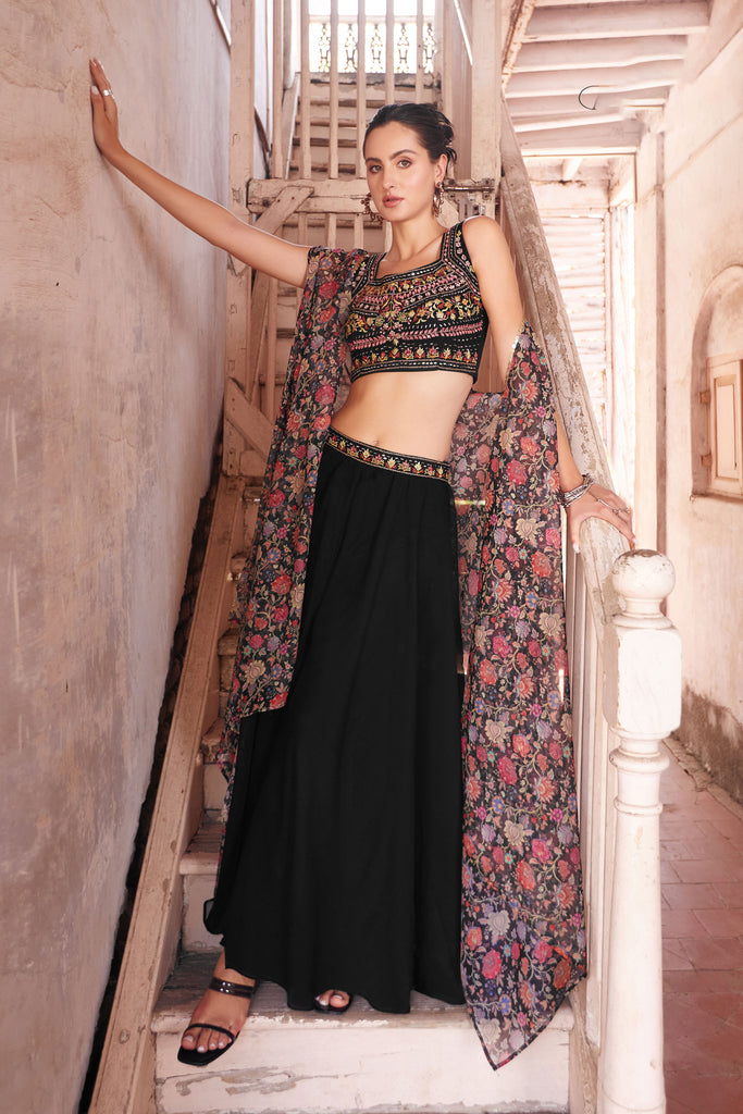 Black Sharara Choli With Hand Embroidery Blouse & Cape