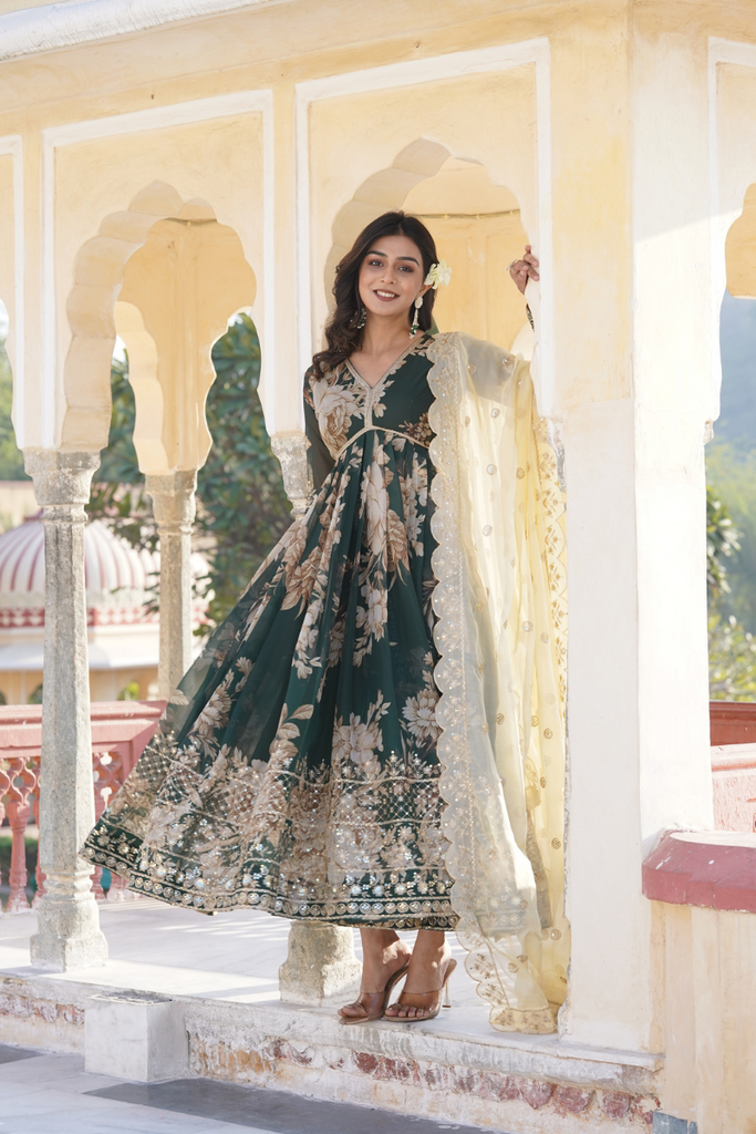 Emerald Green Floral Embroidered Zari Sequins Border Digital Printed Russian Silk Gown & Dupatta