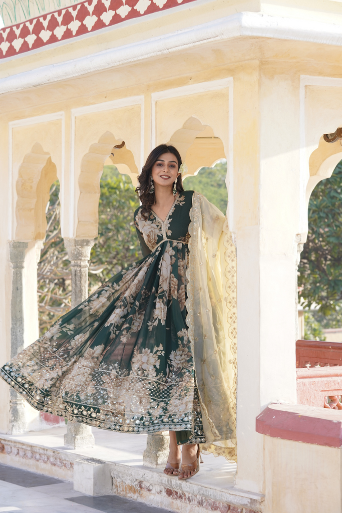 Emerald Green Floral Embroidered Zari Sequins Border Digital Printed Russian Silk Gown & Dupatta