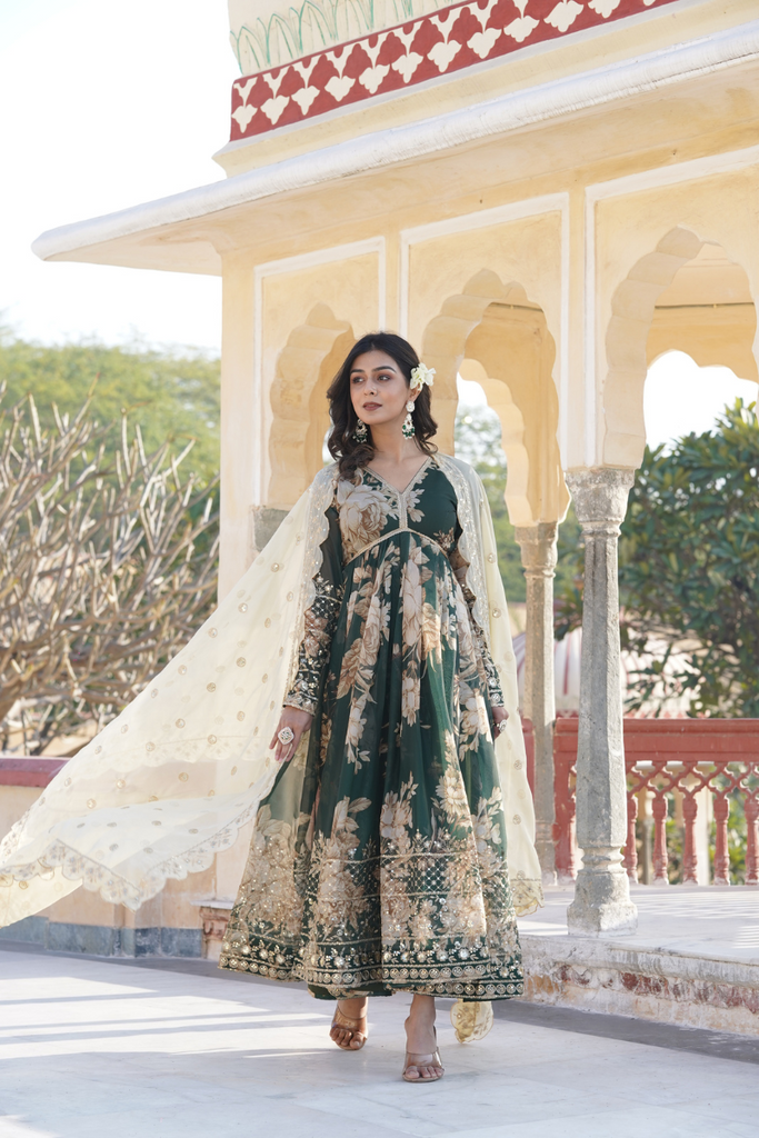 Emerald Green Floral Embroidered Zari Sequins Border Digital Printed Russian Silk Gown & Dupatta