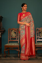 Load image into Gallery viewer, Grey Kalamkari Saree with Red Kanchi Pattu Silk Border