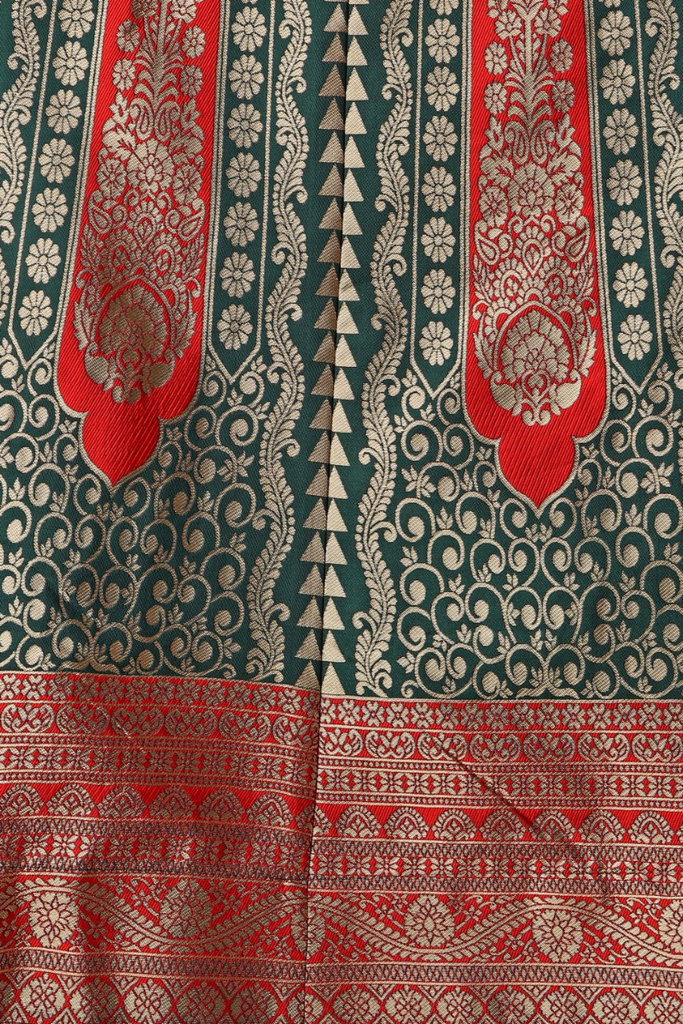 Red & Green Woven Silk Ready to Wear Lehenga & Unstitched Blouse With Dupatta