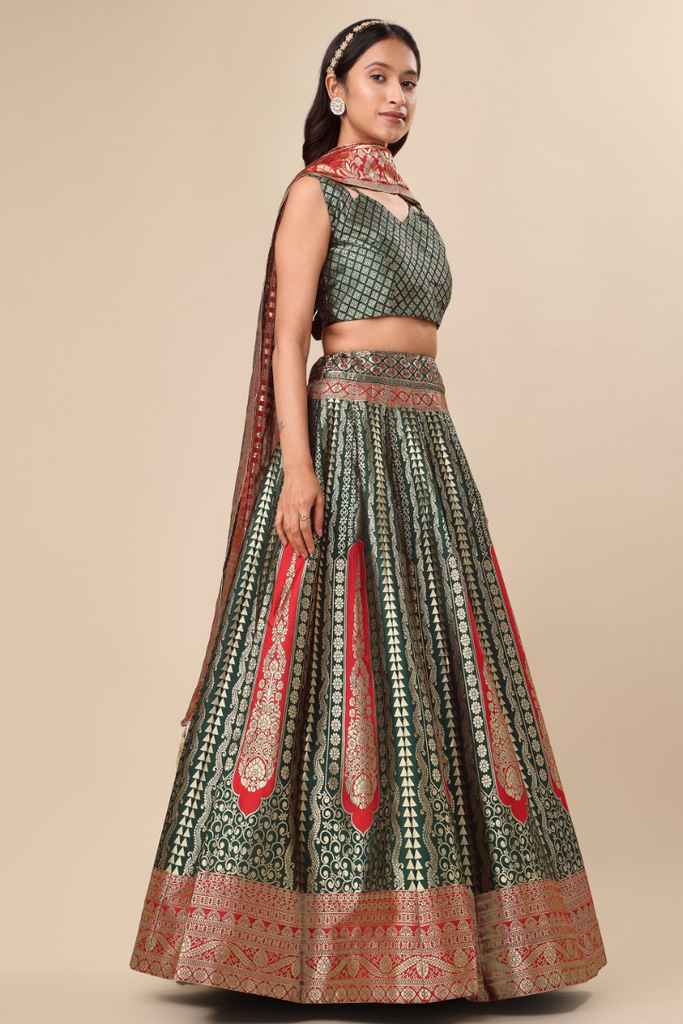 Red & Green Woven Silk Ready to Wear Lehenga & Unstitched Blouse With Dupatta