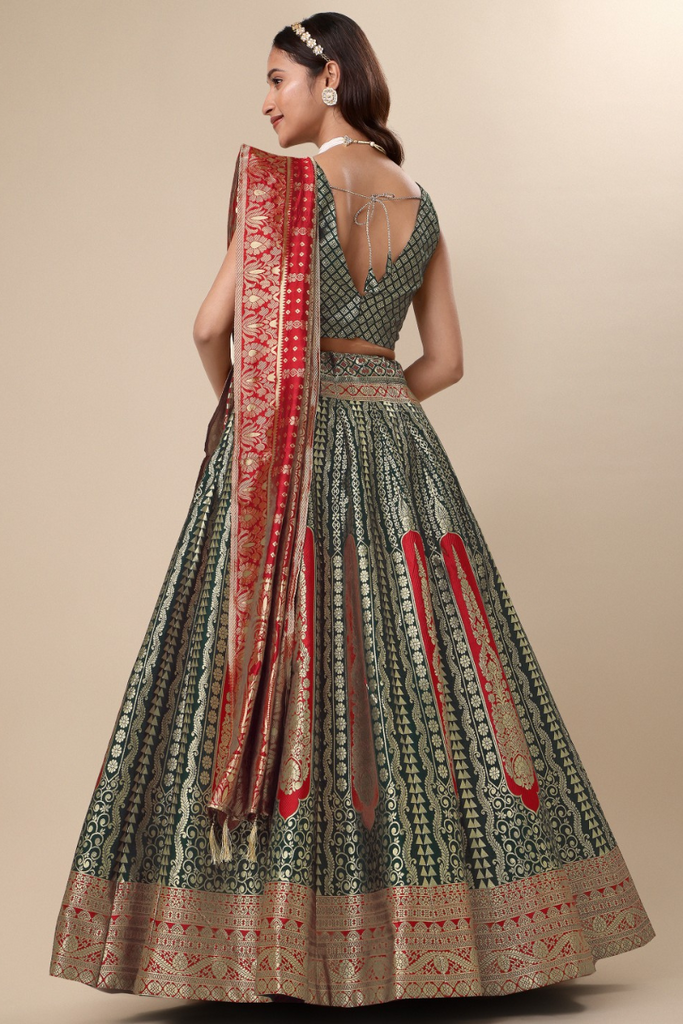 Red & Green Woven Silk Ready to Wear Lehenga & Unstitched Blouse With Dupatta