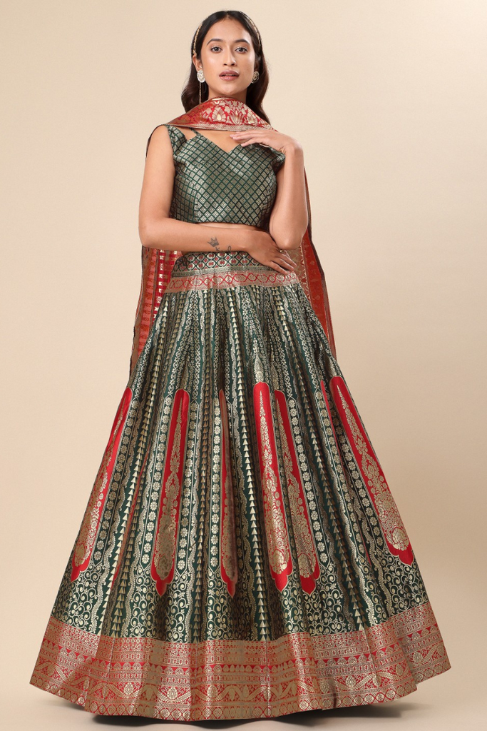 Red & Green Woven Silk Ready to Wear Lehenga & Unstitched Blouse With Dupatta