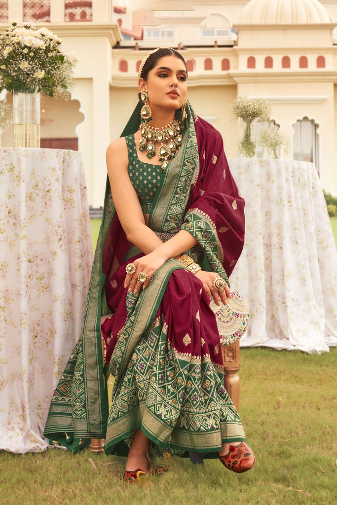 Maroon With Green Border Designer Patola Saree with Matching Blouse