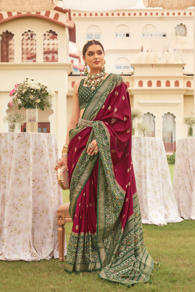 Maroon With Green Border Designer Patola Saree with Matching Blouse