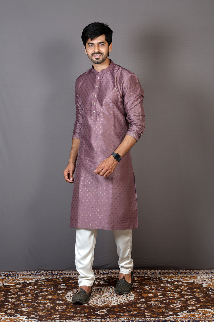 Dusky Lavender Silk Print Kurta Set For Men - Diva D London LTD