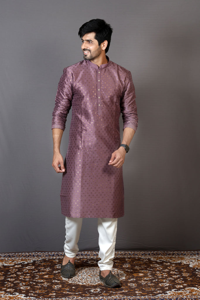 Dusky Lavender Silk Print Kurta Set For Men - Diva D London LTD