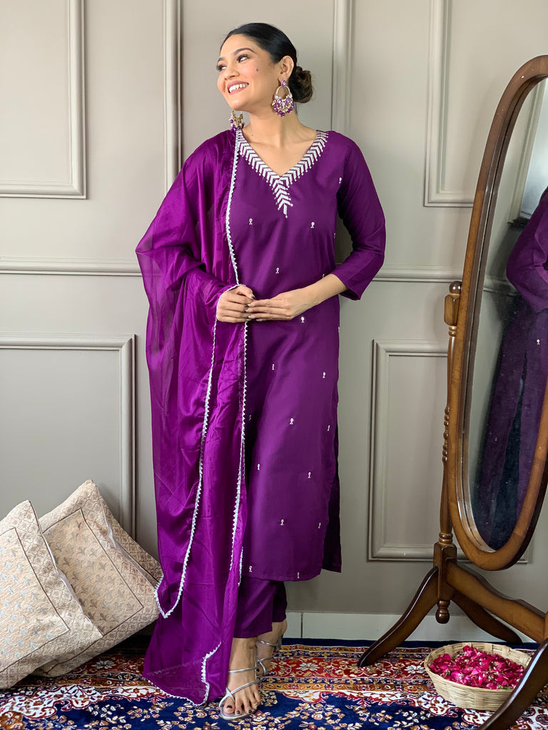 Purple Embroidered Ready to Wear Rayon Suit