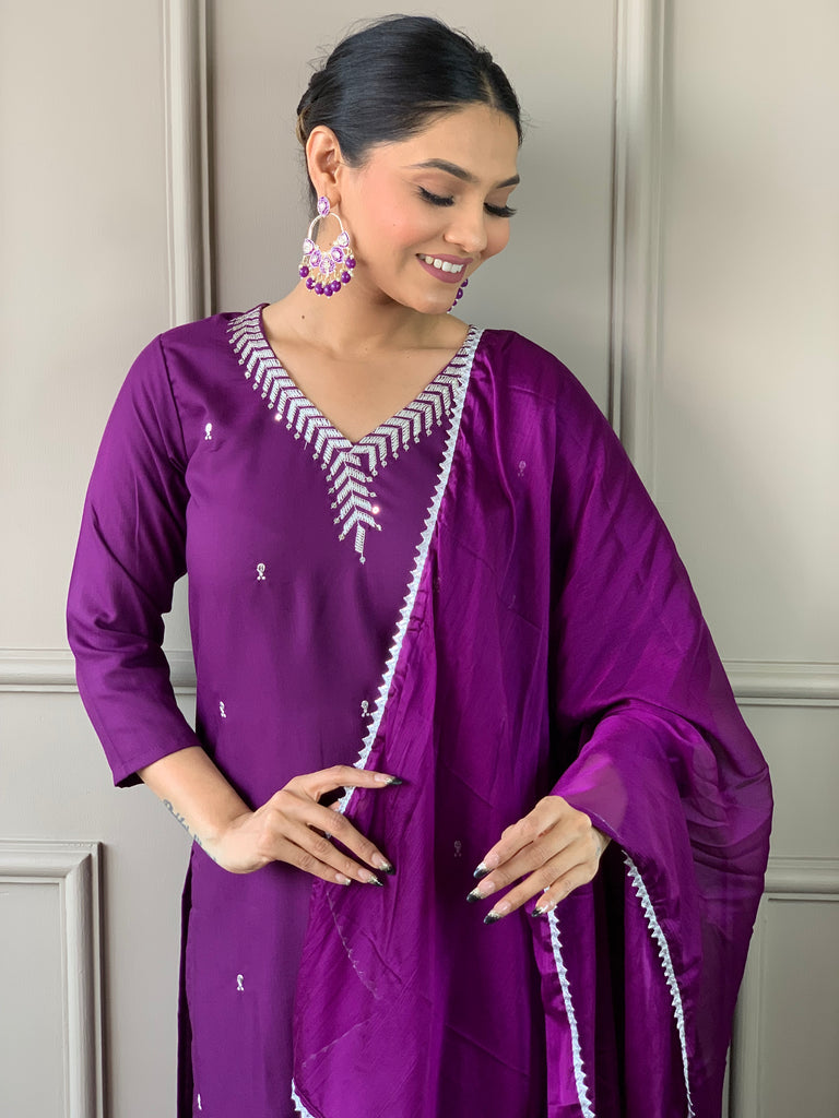 Purple Embroidered Ready to Wear Rayon Suit