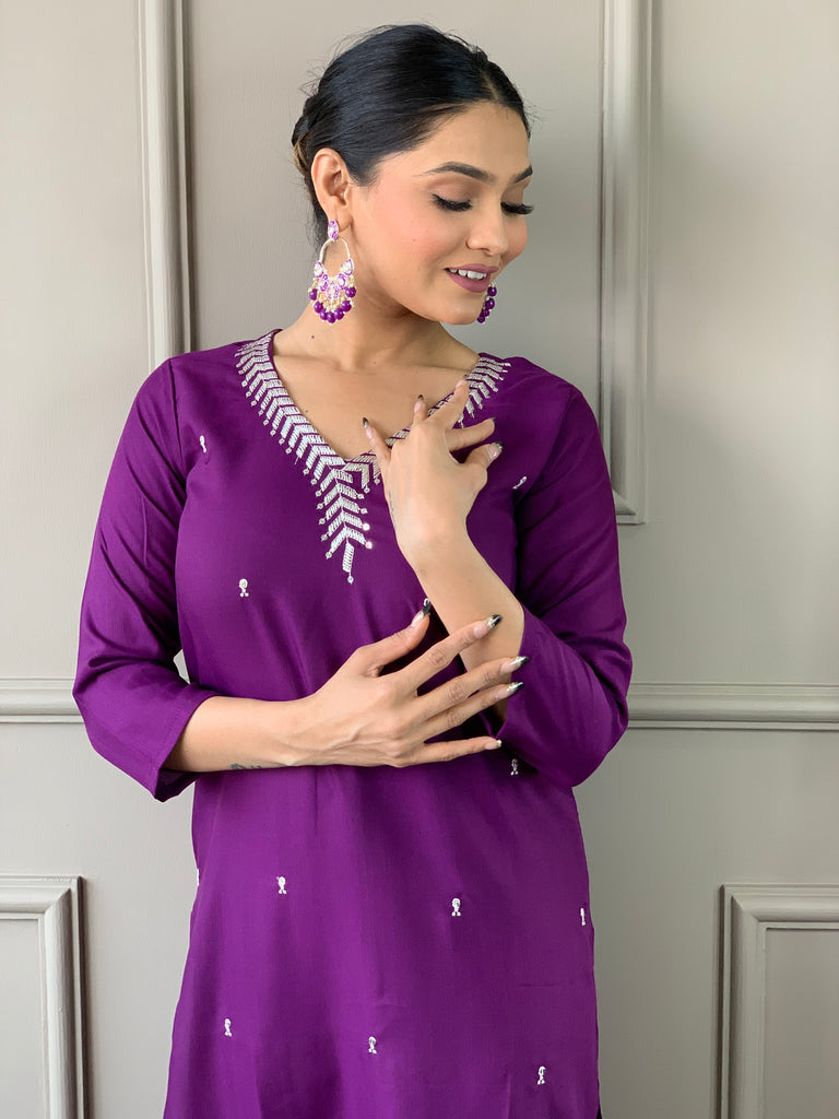 Purple Embroidered Ready to Wear Rayon Suit